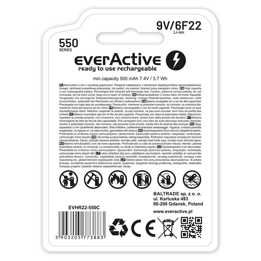 everActive 6F22/9V Li-ion 550 mAh USB TYPE C