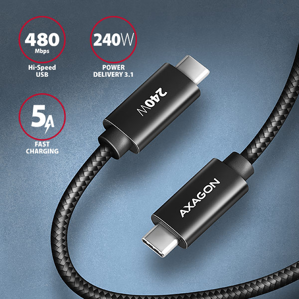 AXAGON CHARGE USB-C na USB-C / USB2.0 / 5A / PD 3.1 240W / opletený / 1m / černý