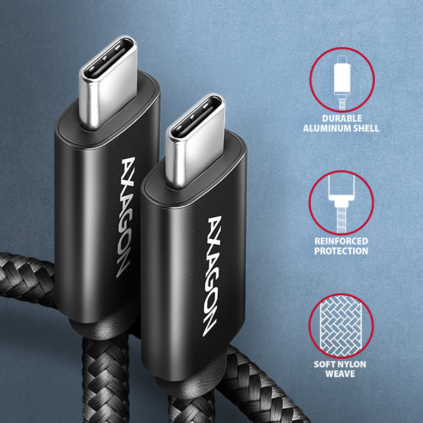 AXAGON CHARGE USB-C na USB-C / USB2.0 / 5A / PD 3.1 240W / opletený / 1m / černý