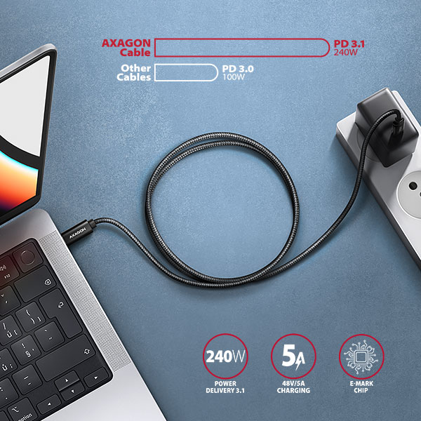 AXAGON CHARGE USB-C na USB-C / USB2.0 / 5A / PD 3.1 240W / opletený / 1m / černý