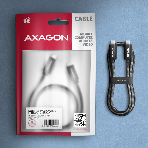 AXAGON CHARGE USB-C na USB-C / USB2.0 / 5A / PD 3.1 240W / opletený / 1m / černý